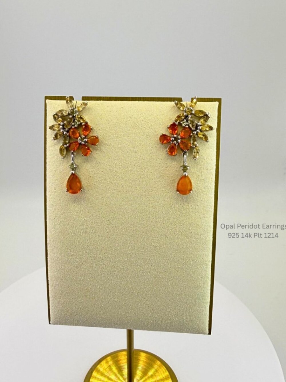 Opal & Peridot Floral Drop Earrings 925 Silver 14K Gold Plated Pear Opal